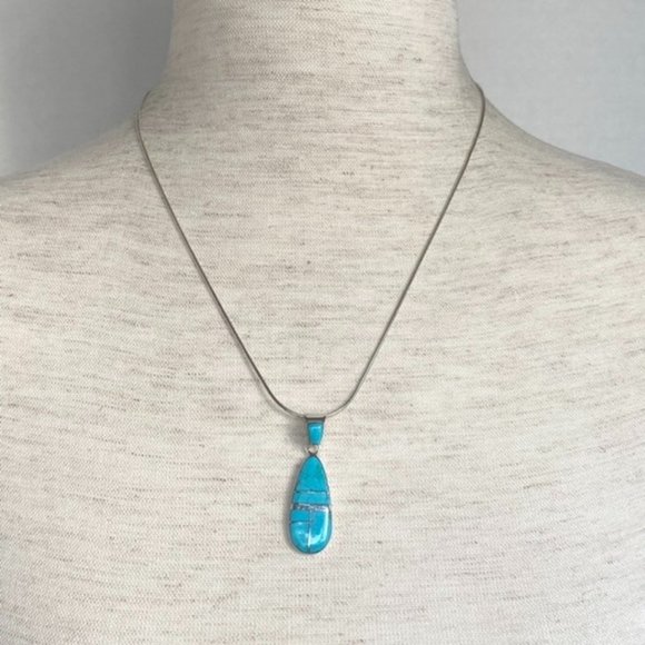 Sterling Silver Inlay Turquoise Teardrop Pendant n - Picture 3 of 14
